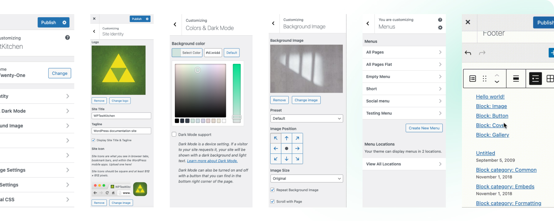 What are the options for customizing and editing content in WordPress?